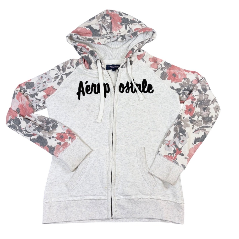 Aeropostale Womens Gray Floral Raglan Full Zip Hoodie Sweatshirt Small